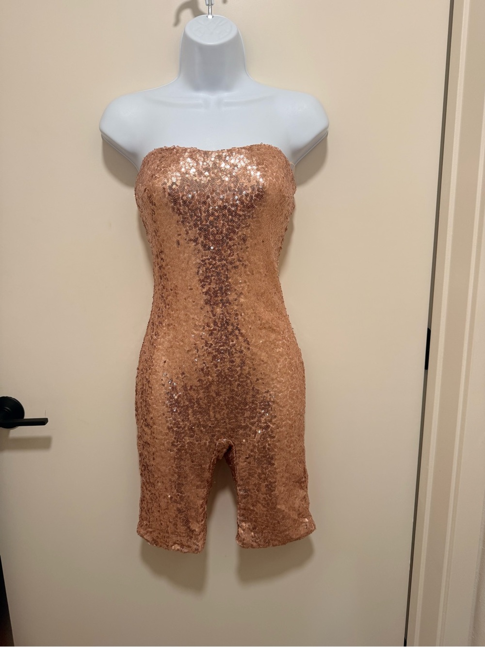 Fashion Nova Light Pink Gold Sequin Strapless Romper
